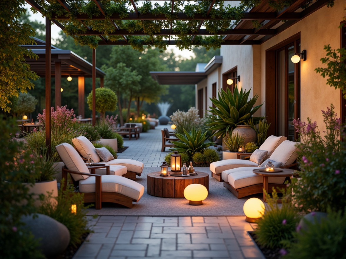 Prompt: Cozy patio, warm lanterns, lush greenery, blooming flowers, comfortable outdoor seating, plush cushions, natural stone flooring, wooden accents, soft warm lighting, gentle breeze, serene ambiance, 3/4 composition, shallow depth of field, inviting pathway, tranquil water features, refreshing misting system.