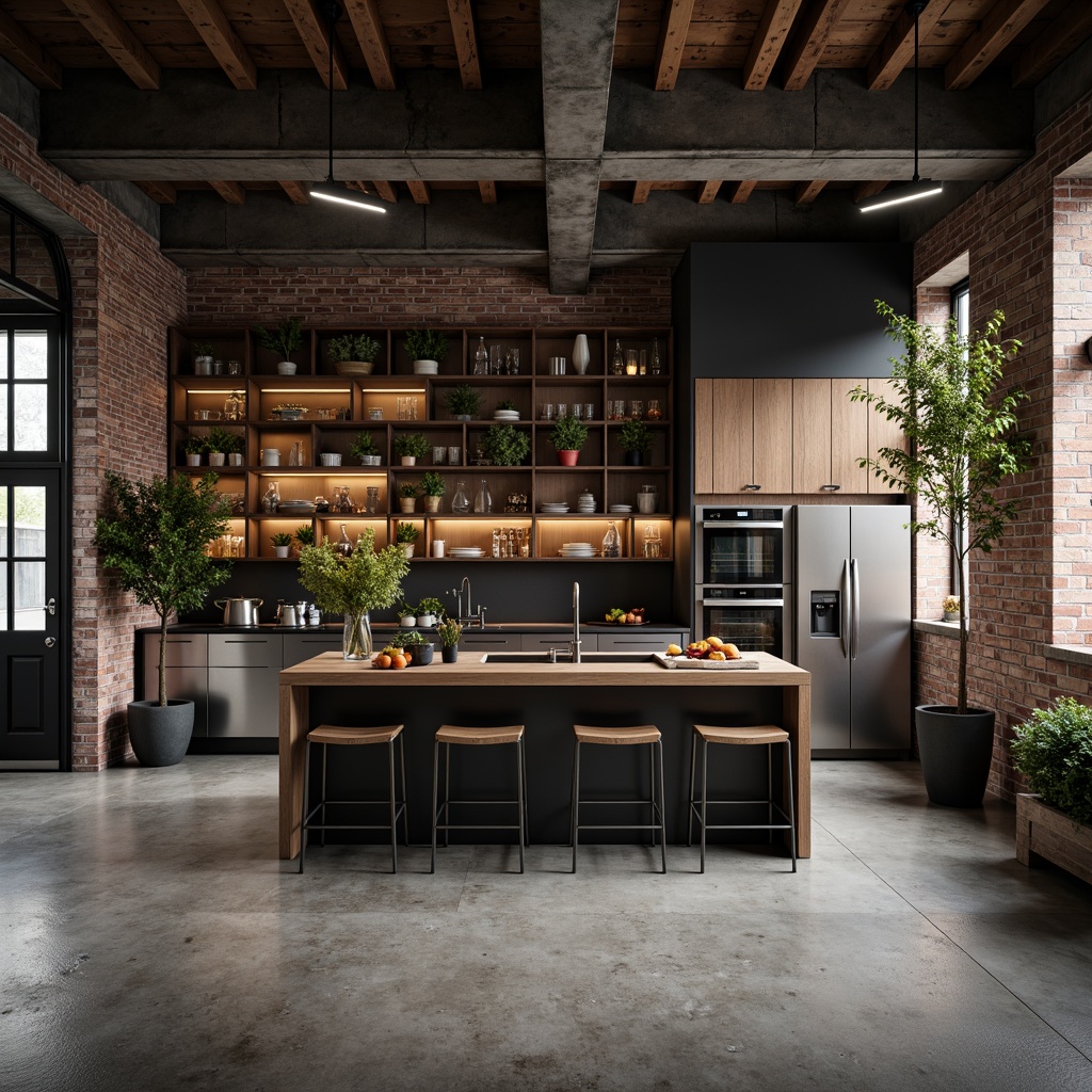 Prompt: Industrial kitchen island, exposed brick walls, polished concrete floors, stainless steel appliances, brutalist lighting fixtures, minimalist cabinetry, raw wood accents, matte black countertops, industrial-style sink, metal shelving units, reclaimed wood ceiling, urban loft atmosphere, dramatic shadows, high-contrast lighting, shallow depth of field, 2/3 composition, cinematic mood, realistic textures, ambient occlusion.