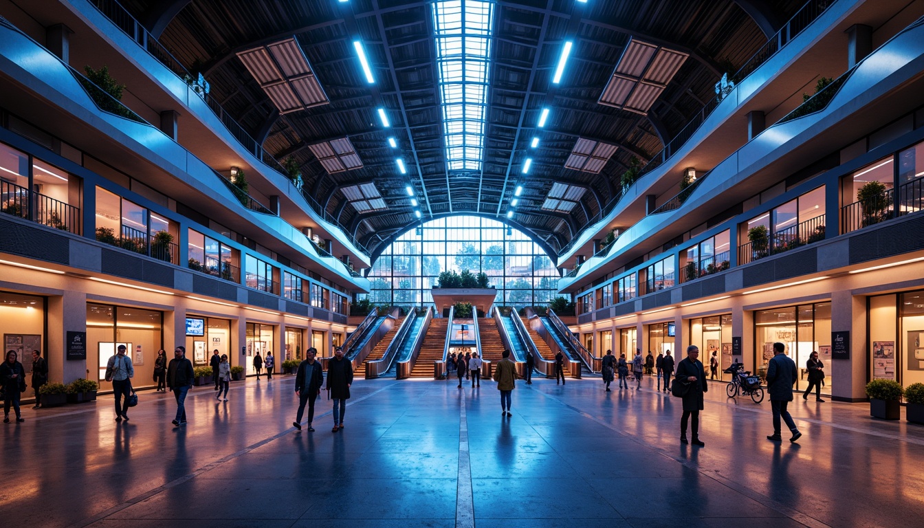 Prompt: Modern metro station, futuristic architecture, sleek lines, neon lights, LED installations, vibrant color schemes, dynamic visual effects, high ceilings, grand escalators, stainless steel railings, polished granite floors, bustling crowds, rush hour atmosphere, soft warm glow, dramatic spotlighting, 1/1 composition, realistic reflections, ambient occlusion, urban cityscape, underground tunnels, commuter traffic, morning commute, evening rush.