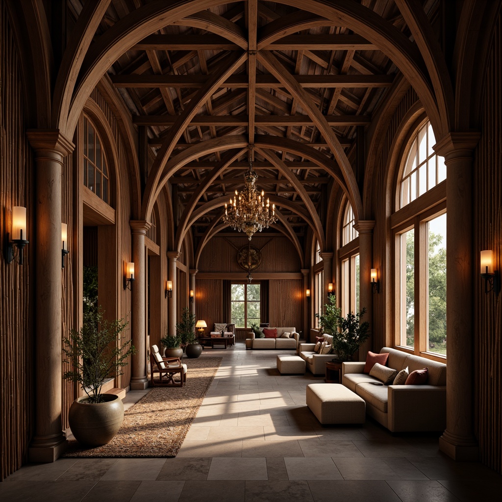 Prompt: Elegant Gothic arches, rich wood tones, ornate carvings, mystical ambiance, mysterious shadows, dramatic lighting, vaulted ceilings, grand chandeliers, lavish furnishings, intricate stonework, bamboo accent walls, natural textiles, earthy color palette, organic shapes, subtle Asian influences, serene atmosphere, warm candlelight, 1/1 composition, soft focus, realistic textures.