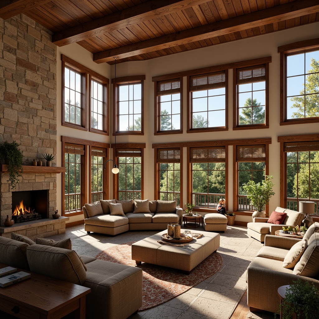 Prompt: Cozy Craftsman great room, large windows, wooden shutters, natural stone fireplace, comfortable seating area, plush furniture, warm earthy tones, exposed wooden beams, rustic wood accents, woven textiles, soft warm lighting, abundant natural light, shallow depth of field, 3/4 composition, relaxed atmosphere, morning sunlight, afternoon warmth, subtle shadows, organic color palette.