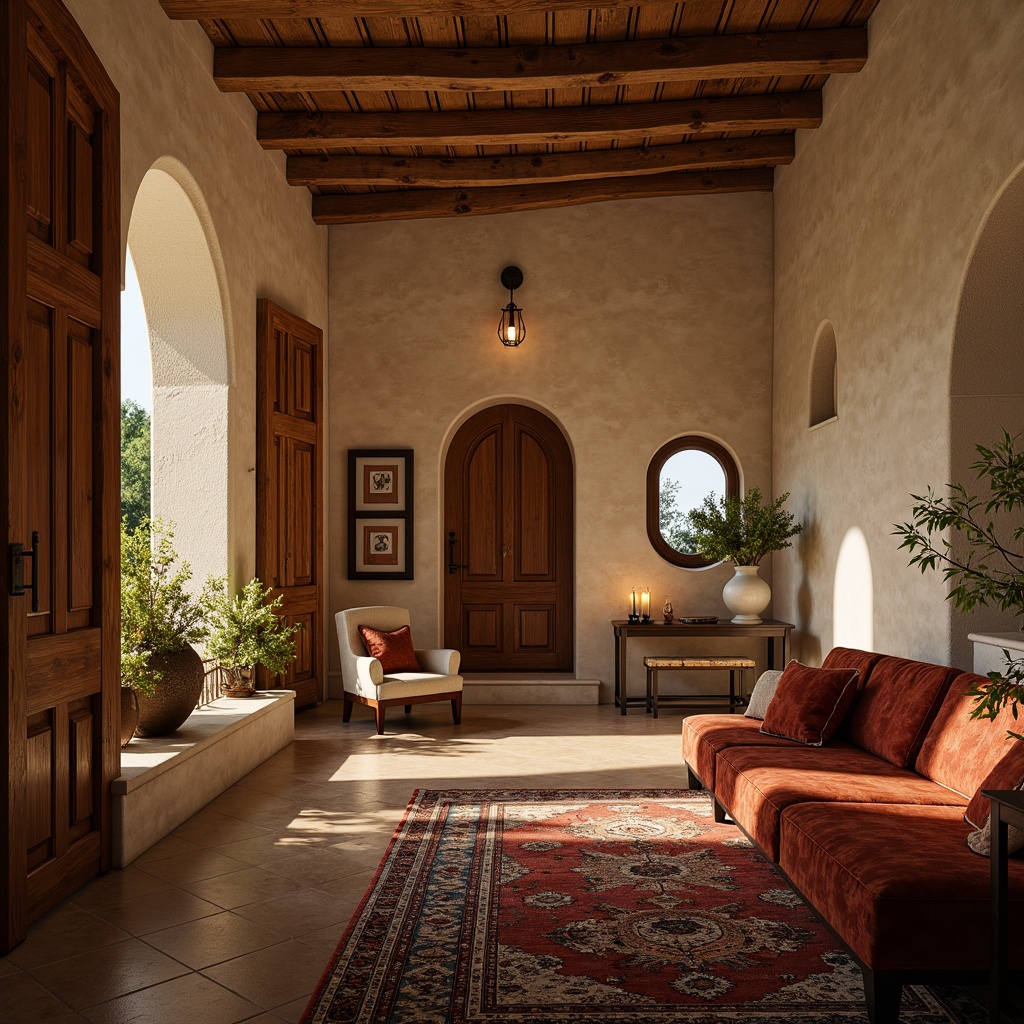 Prompt: Warm traditional villa, ornate wooden doors, rustic stone walls, curved archways, elegant balconies, soft cream colors, earthy brown tones, rich gold accents, luxurious velvet fabrics, intricate patterned rugs, warm candlelight, shallow depth of field, 1/1 composition, realistic textures, ambient occlusion.