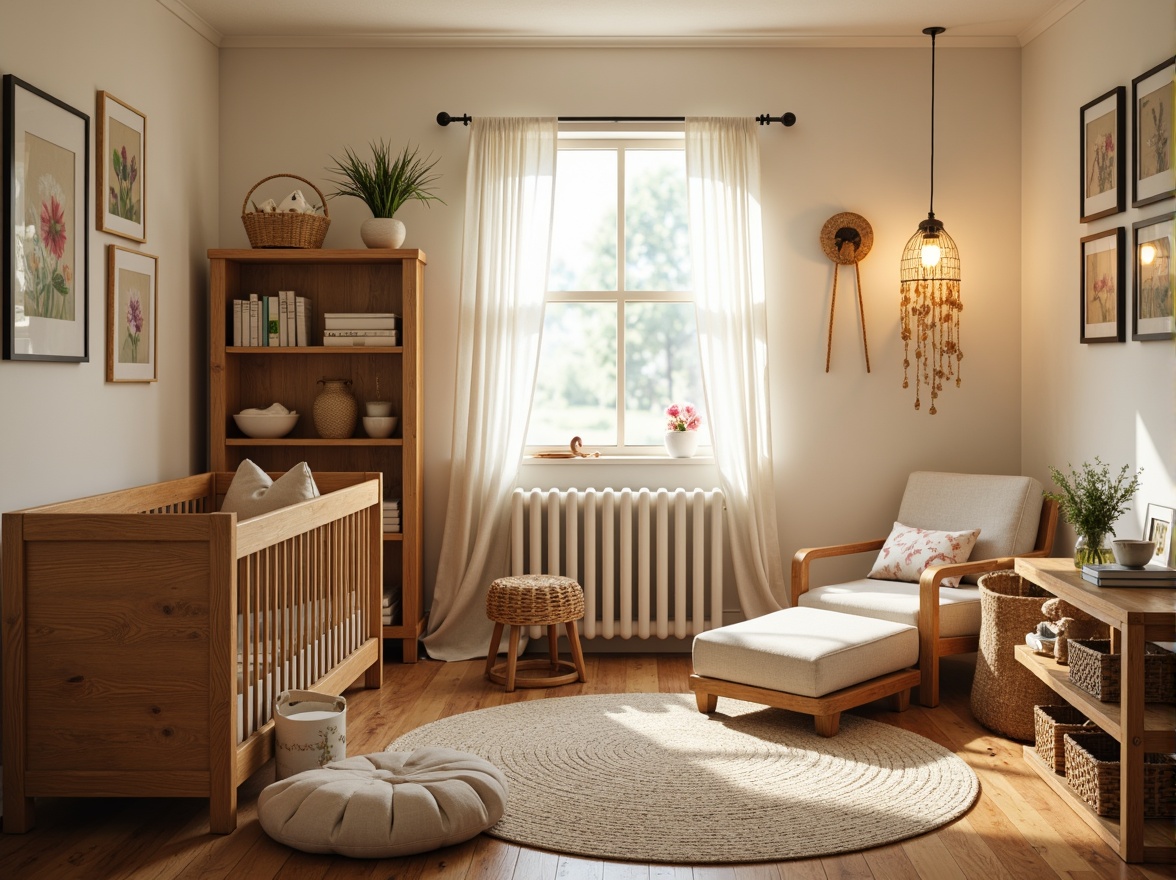 Prompt: Cozy nursery, warm wooden accents, earthy tones, soft pastel colors, vintage craftsman furniture, plush area rugs, natural woven baskets, creamy white walls, warm table lamps, rustic metal fixtures, frosted glass pendant lights, nature-inspired mobiles, gentle morning light, shallow depth of field, 1/1 composition, intimate atmosphere, warm color palette.