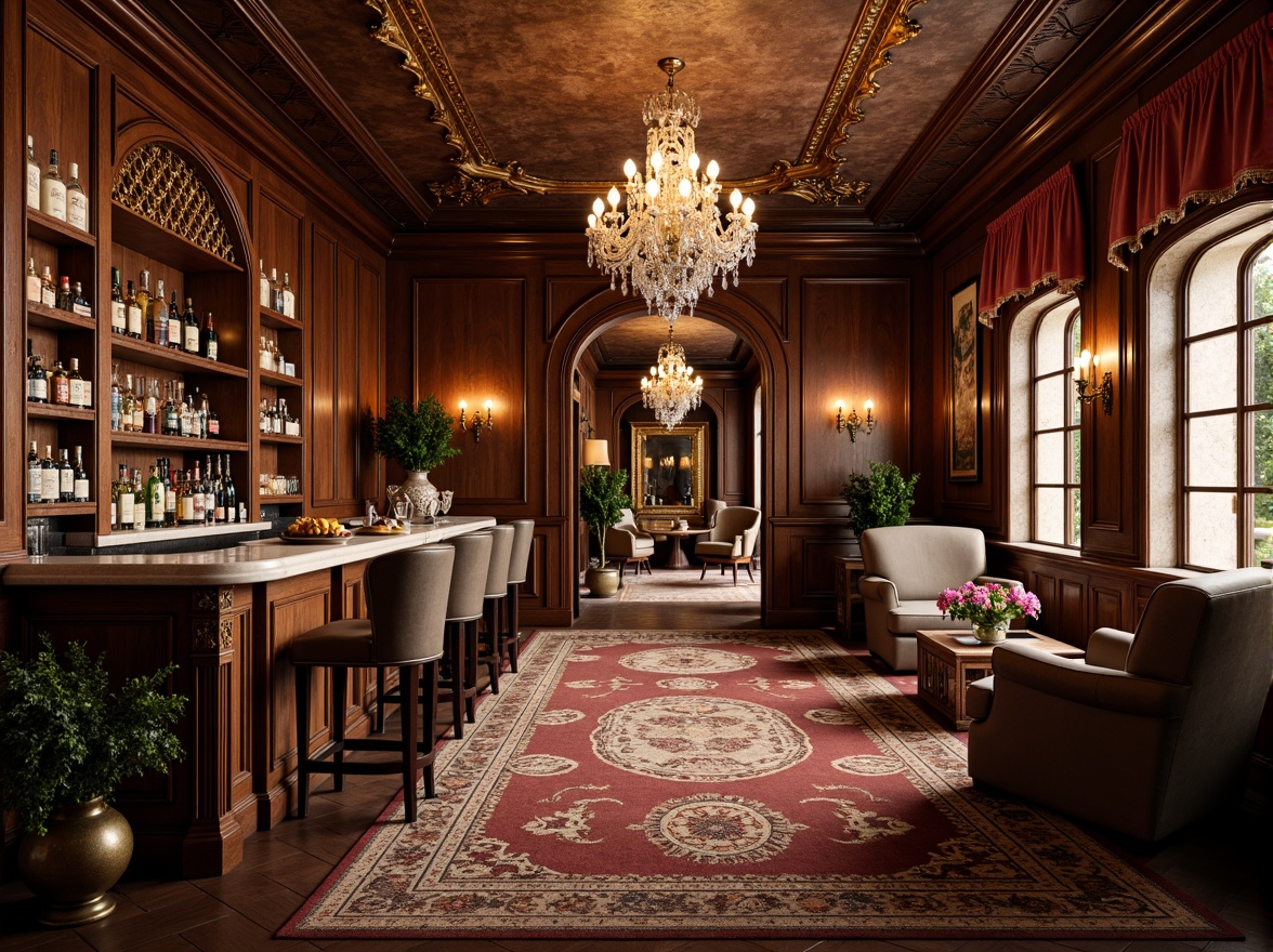 Prompt: Luxurious home bar, rich wood tones, ornate carvings, gilded accents, crystal chandeliers, velvet drapes, marble countertops, intricately patterned rugs, lavish furnishings, golden hardware, rustic stone walls, arched windows, soft warm lighting, subtle shadows, 1/2 composition, realistic textures, ambient occlusion.