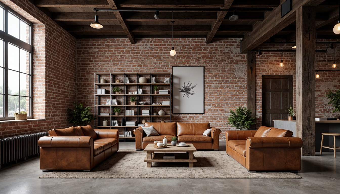 Prompt: Exposed brick walls, metal beams, reclaimed wood accents, vintage factory lights, distressed leather furniture, industrial-style shelving units, metal mesh decorative screens, concrete floors, minimalist color palette, urban loft atmosphere, soft warm lighting, shallow depth of field, 3/4 composition, realistic textures, ambient occlusion.