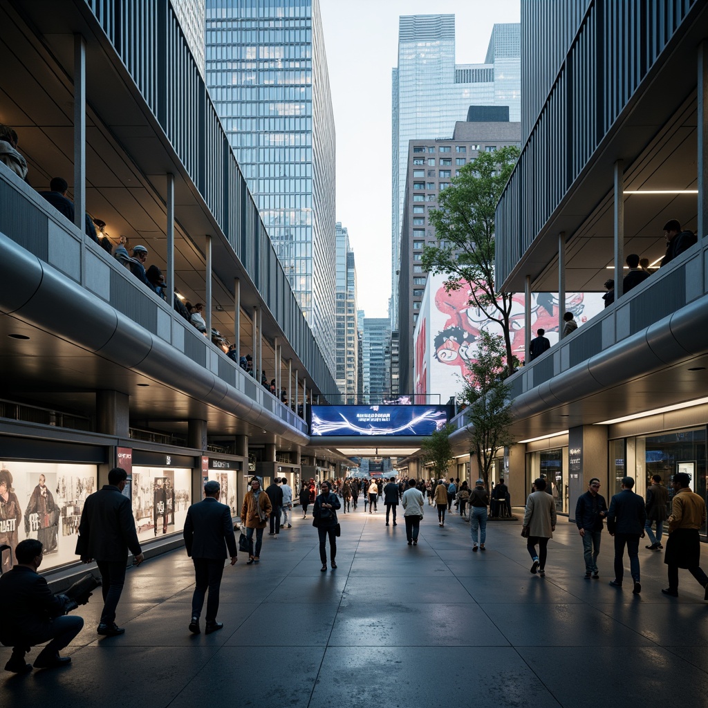 Prompt: Busy metro station, modern architecture, sleek lines, stainless steel accents, glass roofs, natural light pouring in, urban cityscape, morning rush hour, crowded platforms, dynamic signage, digital displays, abstract patterns, futuristic lighting, ambient sounds, shallow depth of field, 2/3 composition, low-angle shot, realistic textures, atmospheric fog.