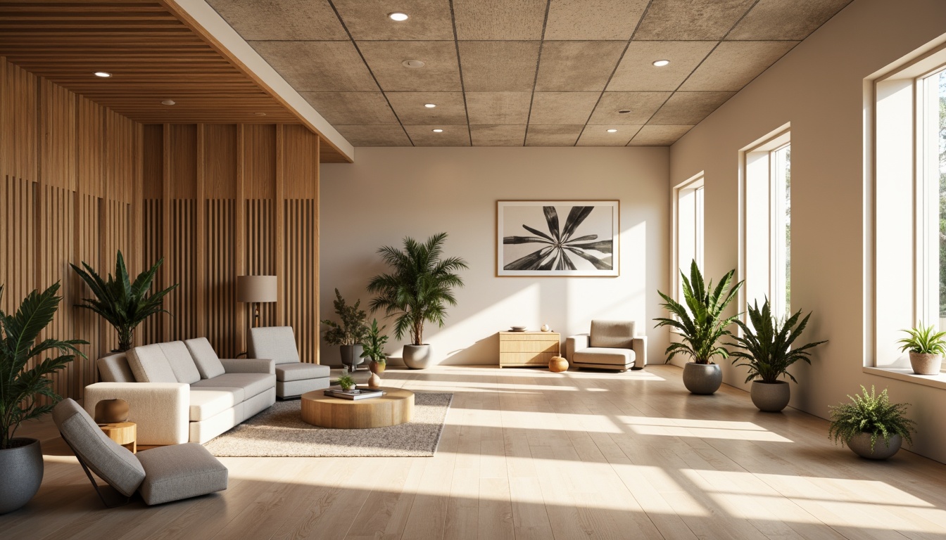 Prompt: Soothing office space, calming atmosphere, natural wood accents, sound-absorbing panels, minimalist decor, ergonomic furniture, comfortable seating areas, warm beige tones, acoustic ceiling tiles, noise-reducing materials, peaceful ambiance, soft diffused lighting, 1/2 composition, intimate scale, realistic textures, ambient occlusion.