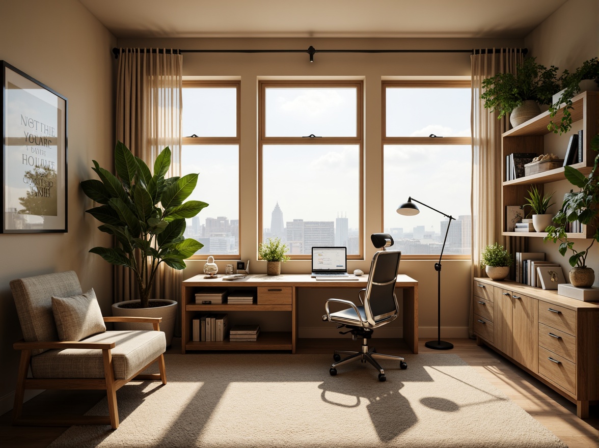 Prompt: Cozy home office, wooden desk, ergonomic chair, green plants, floor lamp, minimalist decor, calm atmosphere, natural light, large window, city view, organized storage, shelves, books, decorative objects, inspirational quotes, motivational artwork, warm beige walls, soft carpet flooring, comfortable seating area, relaxed ambiance, subtle color scheme, harmonious layout, 1/1 composition, softbox lighting, realistic textures.