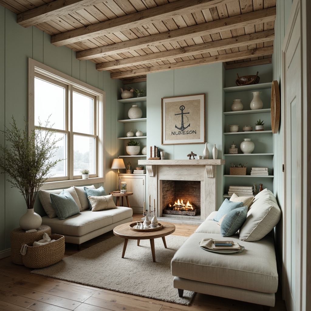 Prompt: Rustic coastal farmhouse, weathered wood accents, soft sandy neutrals, calming seafoam greens, blues and whites, distressed finishes, vintage nautical elements, natural textures, woven fibers, linen upholstery, driftwood decorations, seashell adornments, warm candlelight, shallow depth of field, 1/1 composition, serene atmosphere, realistic renderings.