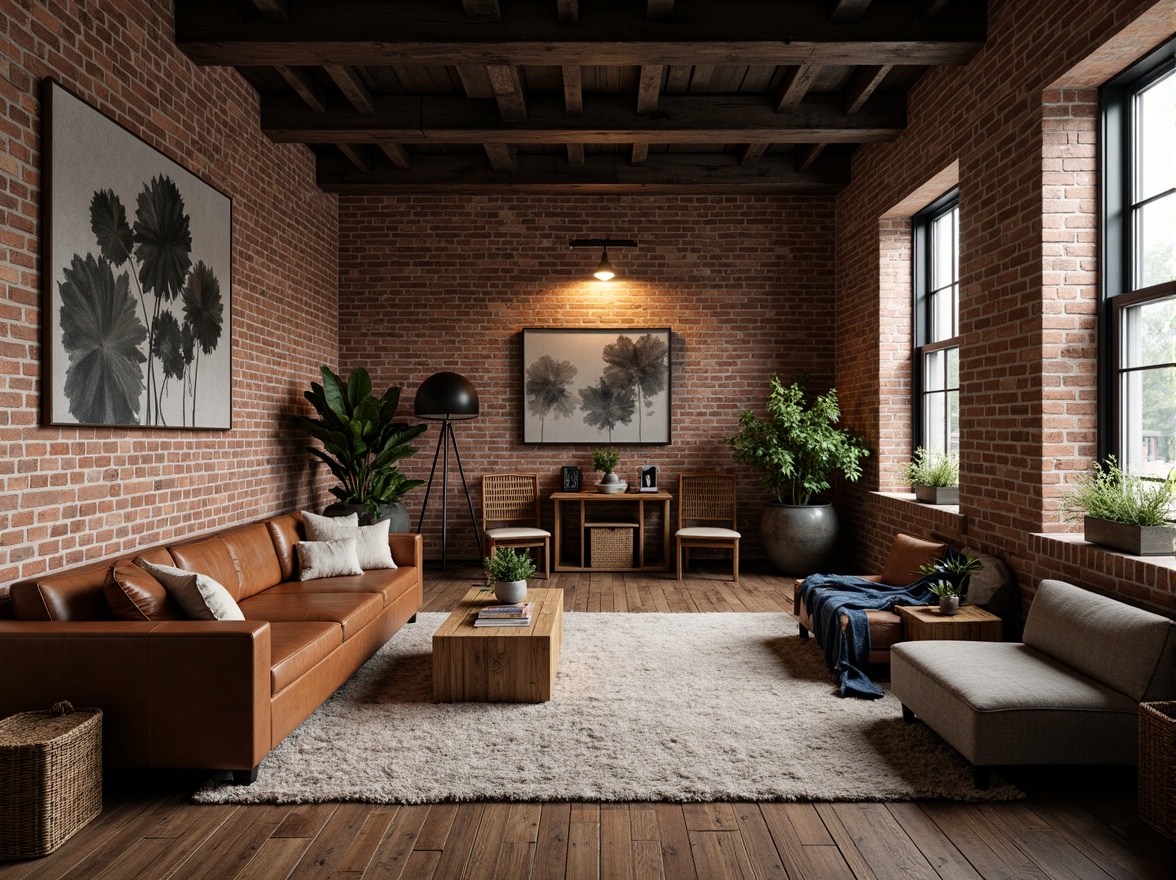 Prompt: Exposed brick walls, industrial metal beams, reclaimed wood floors, vintage factory windows, distressed leather sofas, minimalist decor, urban loft atmosphere, abstract art pieces, moody lighting, textured throw blankets, woven basket chairs, natural fiber rugs, earthy tone color palette, organic shapes, eclectic pattern mixing, metallic accents, rustic wooden crates, worn denim fabrics, frayed edge details, cozy reading nooks, warm ambient glow, shallow depth of field, 2/3 composition, realistic textures.