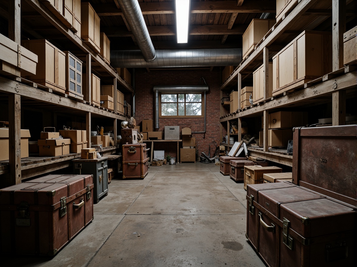 Prompt: Cluttered storage room, old wooden crates, rusty metal shelves, worn concrete floors, dim lighting, musty smell, vintage luggage trunks, dusty boxes, forgotten memorabilia, aged leather straps, distressed wood planks, industrial metal pipes, exposed brick walls, overhead fluorescent lights, 1/1 composition, shallow depth of field, realistic textures, ambient occlusion.