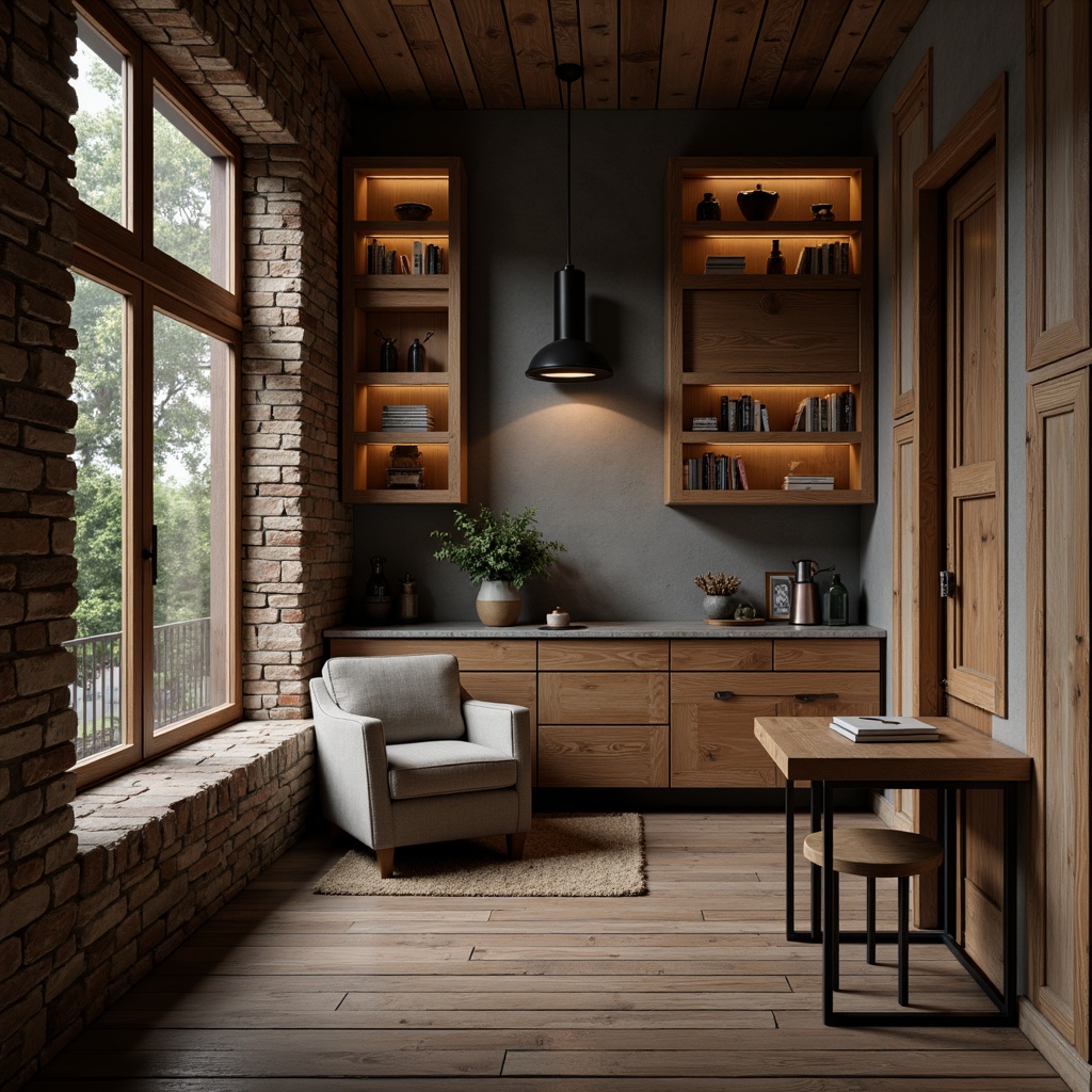 Prompt: Rustic wooden accents, distressed finishes, earthy tone color palette, natural stone walls, rugged brick textures, metallic mesh details, industrial-chic atmosphere, moody lighting, shallow depth of field, 1/2 composition, cinematic view, realistic normal maps, ambient occlusion.