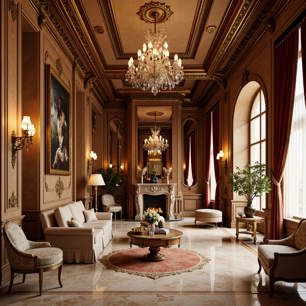 Prompt: Opulent Rococo-style interior, lavish velvet fabrics, intricate gold embroidery, soft silk drapes, ornate wooden furnishings, carved gilded details, luxurious crystal chandeliers, warm beige marble floors, richly patterned rugs, delicate lace trimmings, subtle satin finishes, whimsical floral motifs, elegant curvaceous lines, dramatic high ceilings, diffused warm lighting, shallow depth of field, 1/1 composition, realistic textures, ambient occlusion.