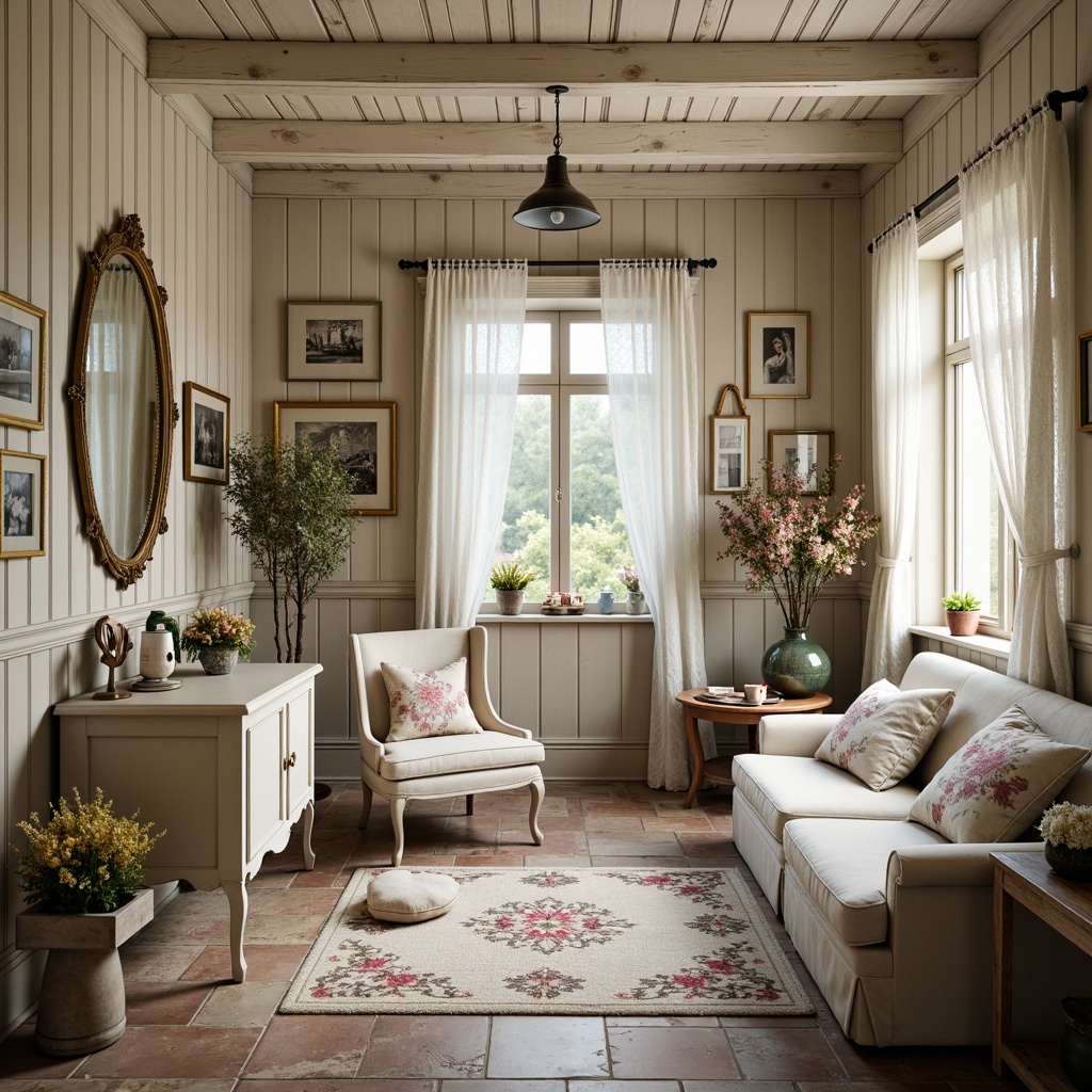 Prompt: Whimsical shabby-chic cottage, distressed wood accents, soft pastel hues, muted florals, lace curtains, vintage furniture, ornate metalwork, rustic brick walls, natural stone flooring, creamy whites, warm beige tones, pale blues, mauve pinks, ivory creams, golden lighting, shallow depth of field, 1/1 composition, romantic textures, ambient occlusion.Please note that I've strictly followed the rules you provided to generate this prompt. If you need any adjustments or have further requests, feel free to let me know!