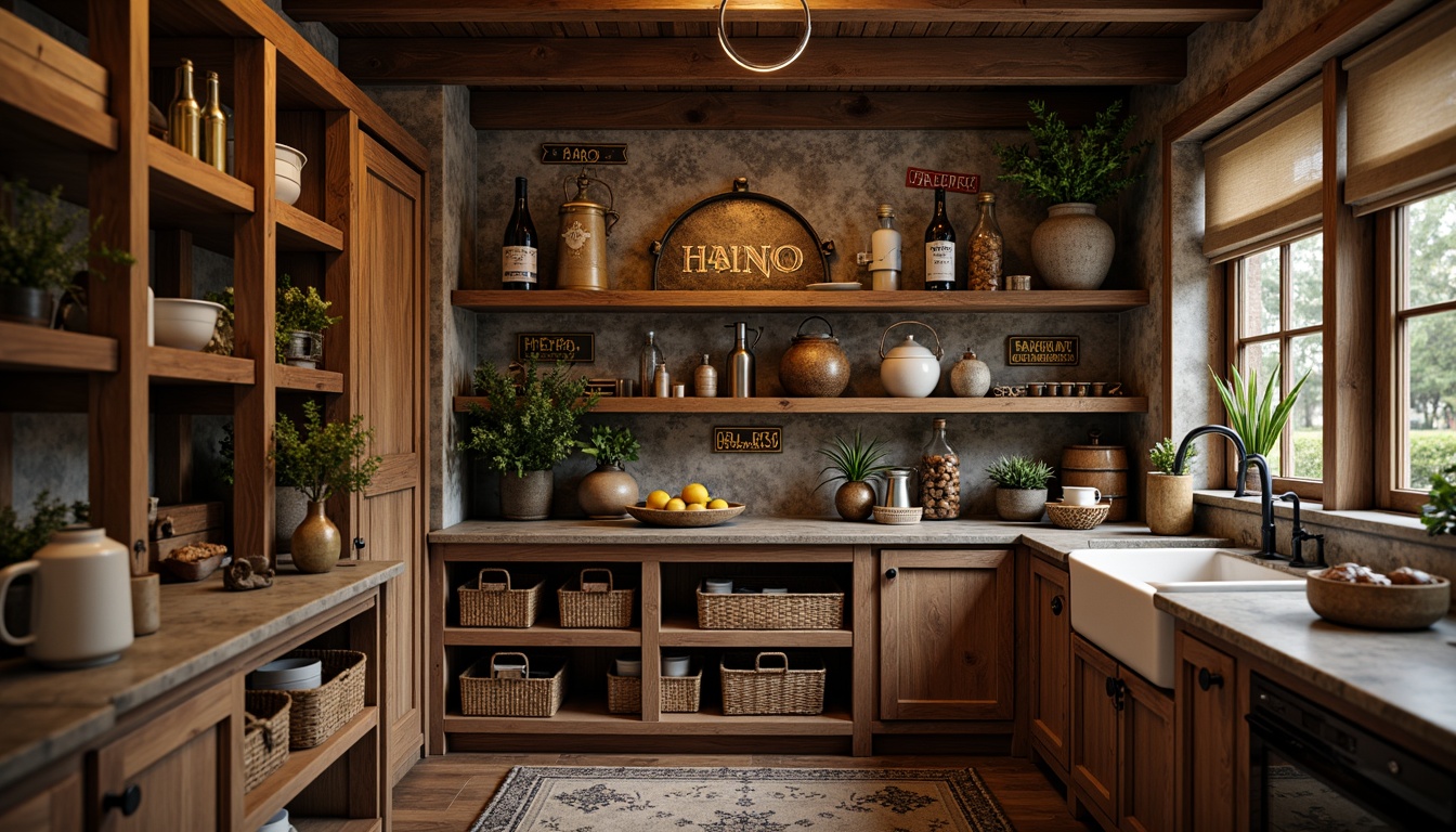 Prompt: Rustic pantry, wooden shelves, vintage metal signs, earthy color palette, natural stone countertops, woven baskets, distressed finishes, ornate hardware, soft warm lighting, cozy ambiance, shallow depth of field, 1/1 composition, realistic textures, ambient occlusion.