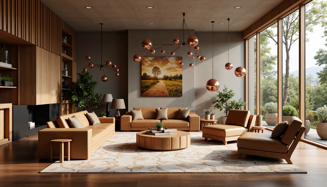 Prompt: Mid-century modern living room, sleek wooden furniture, geometric patterns, earthy color palette, pendant lamps, globe chandeliers, sputnik-inspired fixtures, copper accents, minimalist decor, large windows, natural light pouring in, warm and cozy ambiance, softbox lighting, 1/2 composition, atmospheric rendering, realistic reflections.