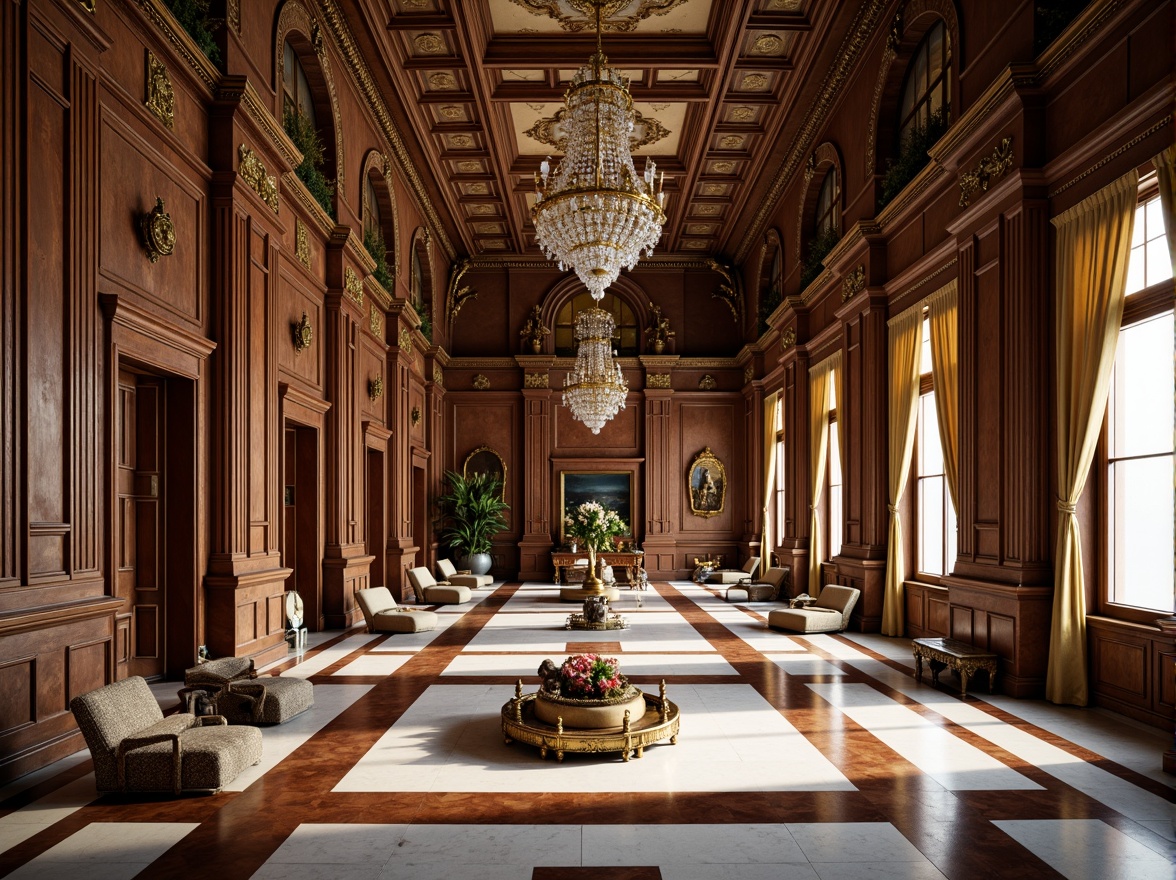 Prompt: Grand Renaissance palace, ornate furnishings, lavish decorations, polished marble floors, inlaid wood patterns, rich walnut tones, gilded accents, intricate moldings, high ceilings, dramatic chandeliers, soft warm lighting, shallow depth of field, 1/1 composition, realistic textures, ambient occlusion.