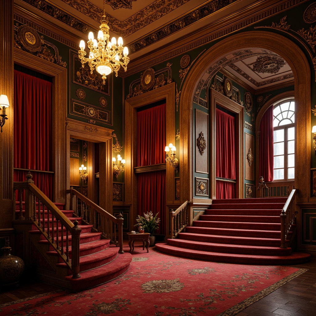 Prompt: \Renaissance-style cinema, ornate chandeliers, grand staircase, luxurious red carpeting, intricate parquet flooring, polished hardwood surfaces, gilded accents, velvet drapes, dramatic spotlights, warm golden lighting, shallow depth of field, 1/1 composition, cinematic wide-angle shots, realistic textures, ambient occlusion.\