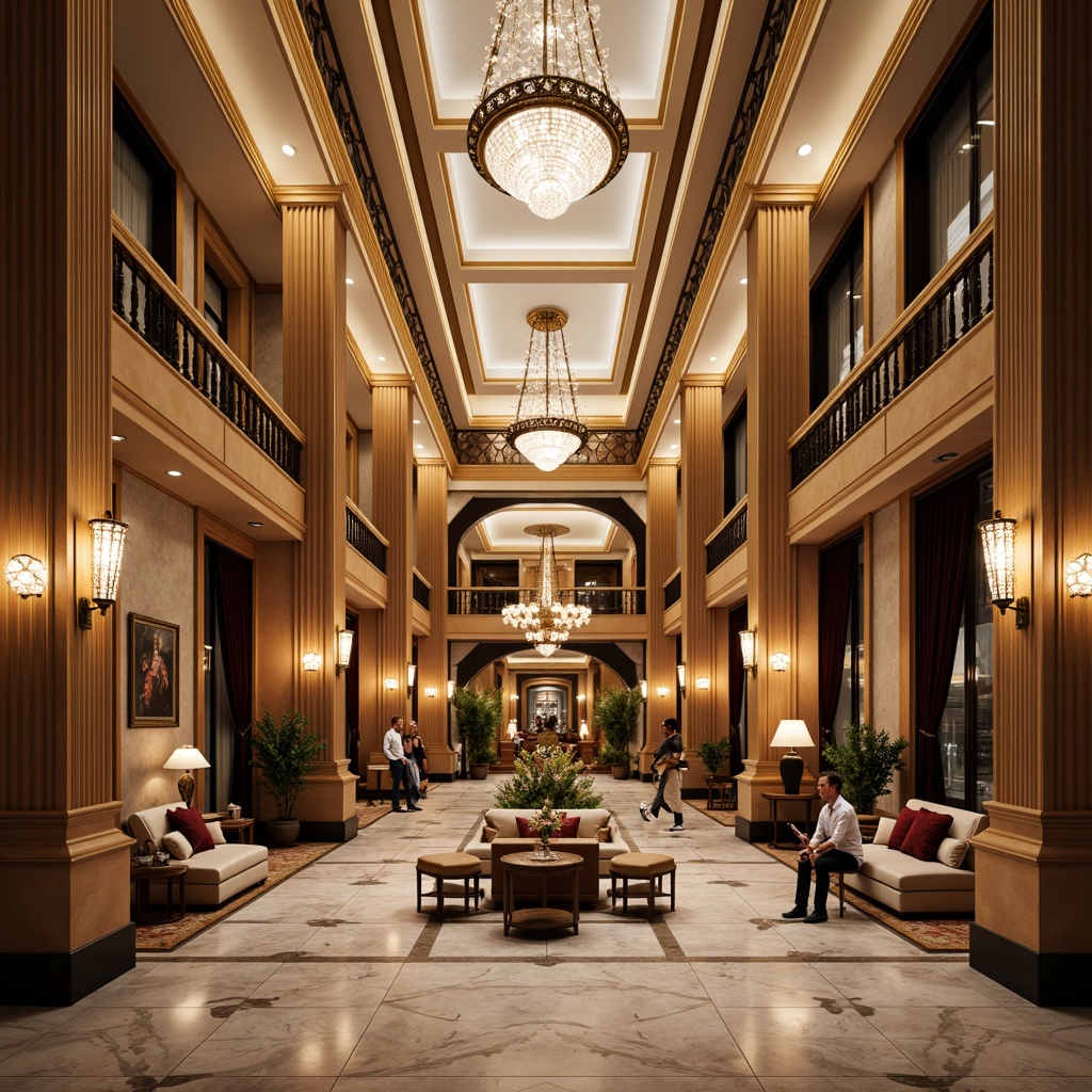 Prompt: Grand hotel lobby, high ceilings, ornate chandeliers, luxurious furnishings, marble floors, intricate moldings, neoclassical columns, golden accents, velvet drapes, crystal fixtures, regal atmosphere, soft warm lighting, shallow depth of field, 1/2 composition, symmetrical view, realistic textures, ambient occlusion.