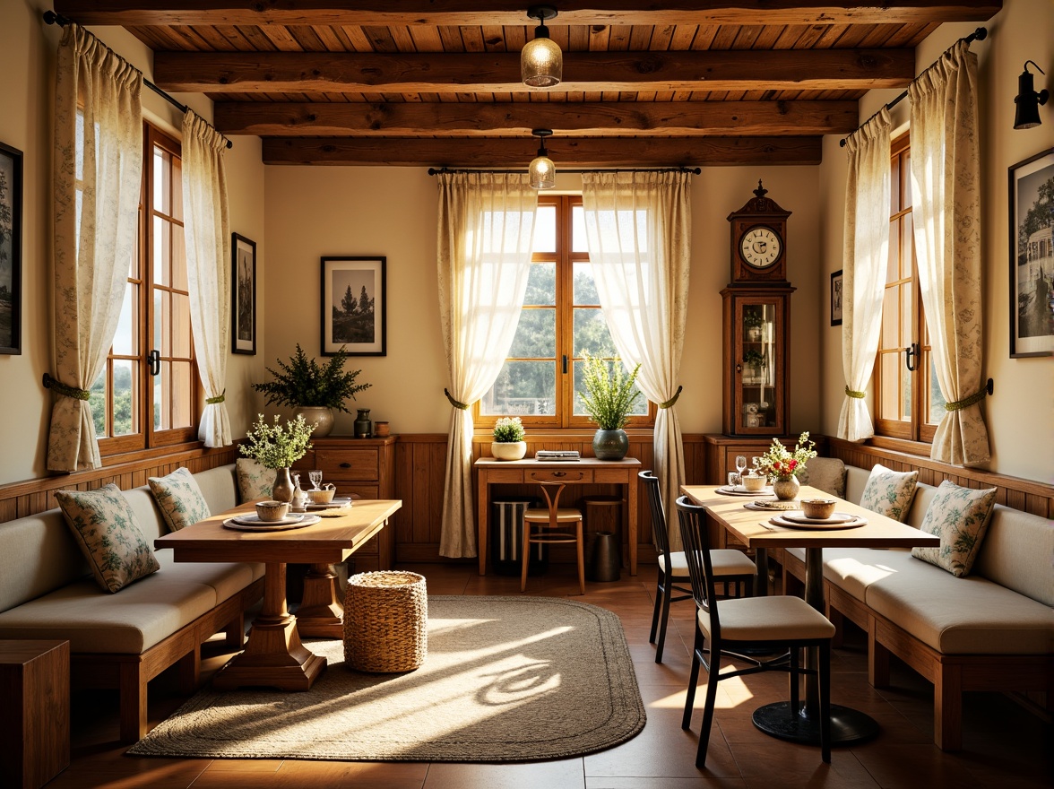 Prompt: Cozy breakfast nook, warm golden lighting, soft cushioned benches, rustic wooden tables, vintage metal chairs, distressed finishes, floral patterned curtains, natural woven baskets, ceramic vases, fresh flower arrangements, warm beige walls, decorative ceiling beams, earthy tone color palette, intimate seating area, soft plush rugs, delicate lace trimmings, ornate metalware, antique clock displays, warm sunny morning, shallow depth of field, 3/4 composition, realistic textures, ambient occlusion.