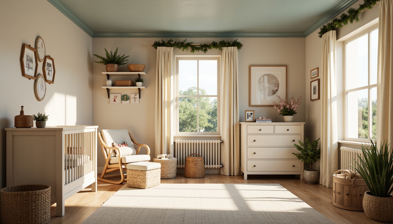 Prompt: Rustic baby room, farmhouse style, warm beige walls, distressed wood furniture, soft cream accents, vintage metal decorations, natural woven baskets, plush toys, gentle pastel colors, sky blue ceiling, creamy white trim, earthy terracotta pots, greenery garland, warm afternoon sunlight, shallow depth of field, 1/2 composition, cozy textures, ambient occlusion.