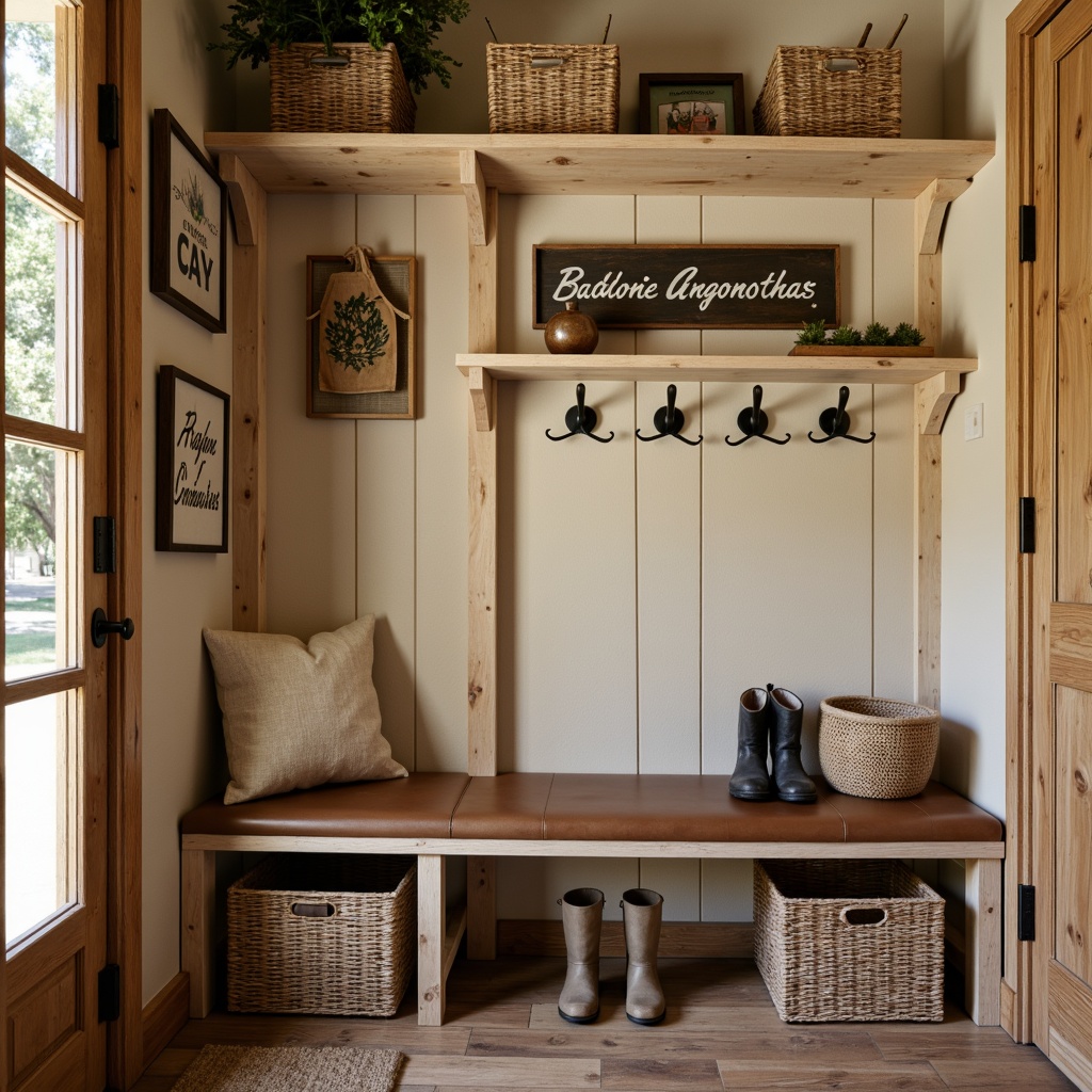 Prompt: Rustic mudroom, earthy tones, warm beige walls, natural wood accents, rich brown leather benches, woven wicker baskets, distressed metal hooks, vintage-inspired signs, soft creamy lighting, cozy atmosphere, organic textures, nature-inspired colors, muddy boots, outdoor gear storage, functional shelves, industrial-style fixtures, warm neutral tones, calming color scheme, balanced composition.