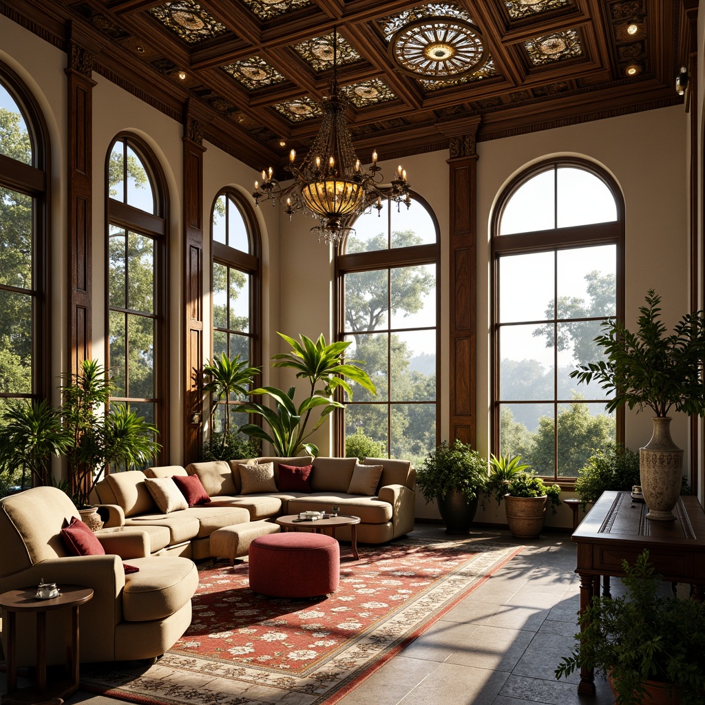 Prompt: Opulent sunroom, intricately carved wooden accents, ornate metalwork, lavish furnishings, plush velvet upholstery, richly patterned rugs, sparkling crystal chandeliers, warm golden lighting, tall slender columns, arched windows, stained glass ceilings, lush greenery, exotic potted plants, natural stone flooring, comfortable lounge seating, soft billowy drapes, panoramic outdoor views, bright sunny day, shallow depth of field, 3/4 composition, realistic textures, ambient occlusion.