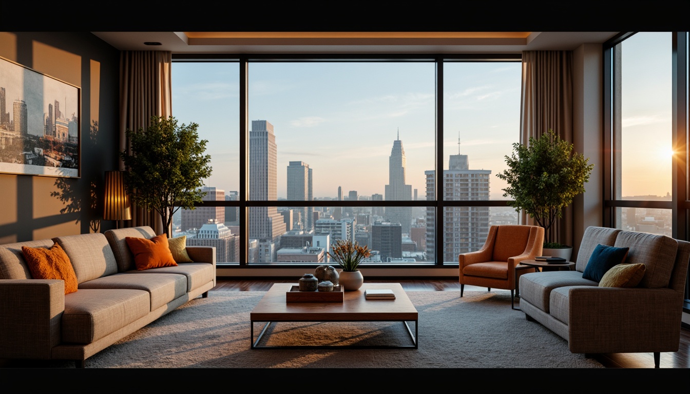 Prompt: Cozy living room, plush sofas, ergonomic chairs, wooden coffee table, vibrant throw pillows, soft carpet flooring, warm ambient lighting, floor-to-ceiling windows, panoramic city view, 1/1 composition, shallow depth of field, realistic textures, ambient occlusion.