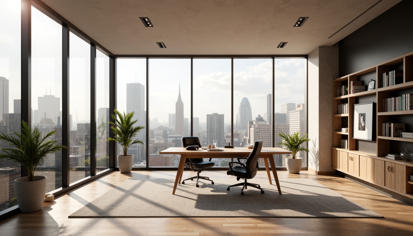 Prompt: Modern home office, ergonomic chair, adjustable desk height, built-in cable management, minimalist decor, plenty of natural light, floor-to-ceiling windows, cityscape view, soft warm lighting, 1/1 composition, realistic textures, ambient occlusion.