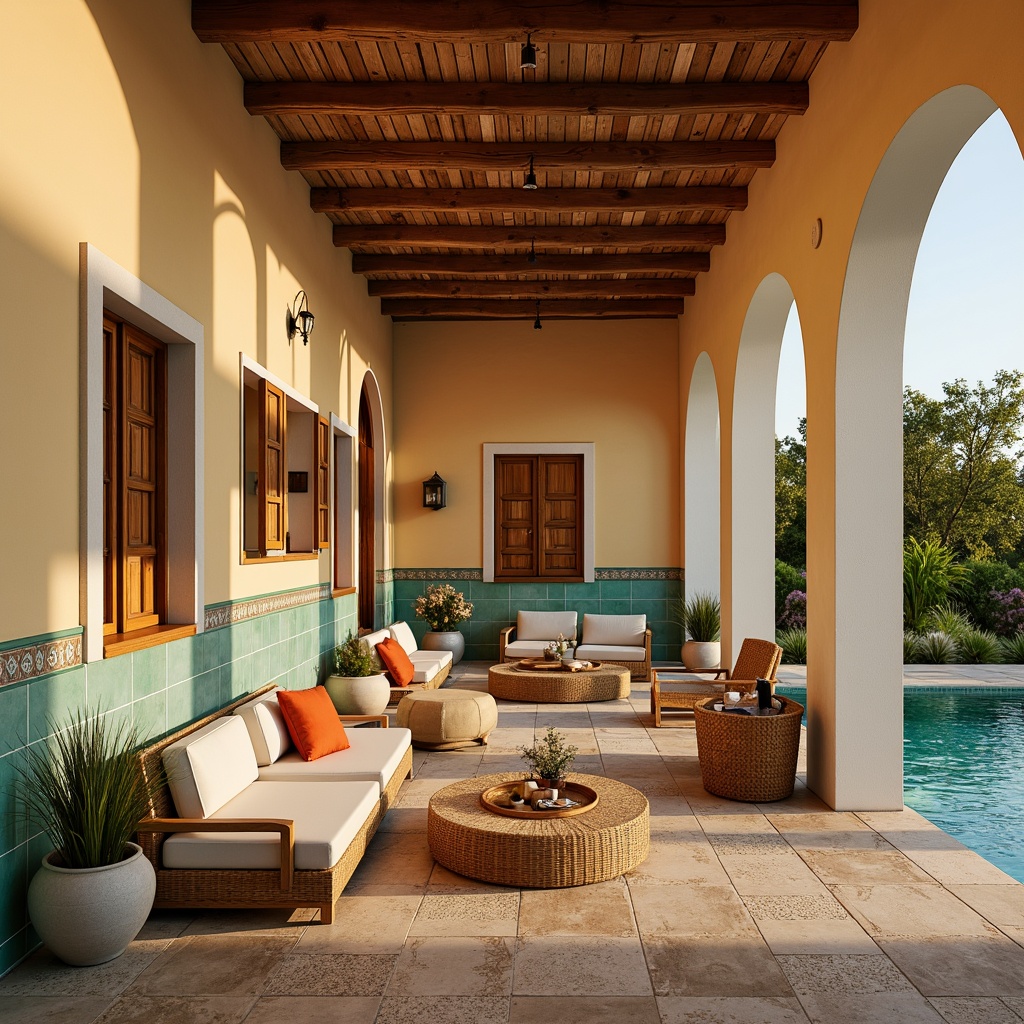 Prompt: Warm Mediterranean villa, soft beige walls, creamy white archways, rustic wooden accents, turquoise ceramic tiles, vibrant yellow ochre, burnt orange hues, lush greenery, natural stone floors, woven rattan furniture, distressed leather upholstery, warm golden lighting, shallow depth of field, 3/4 composition, realistic textures, ambient occlusion.