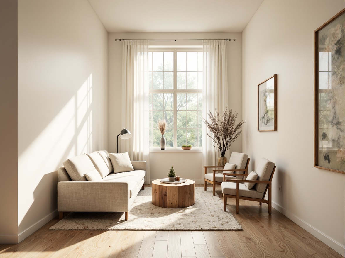 Prompt: Minimalist hallway, light wood flooring, cream-colored walls, Nordic-inspired furniture, sleek low-profile sofa, natural fiber upholstery, wooden armchairs, minimalist coffee table, geometric patterned rug, soft warm lighting, large windows, sheer white curtains, nature-inspired artwork, subtle texture details, 3D modeled decorations, cozy ambiance, inviting atmosphere, modern Scandinavian style, functional simplicity, clean lines, monochromatic color scheme.