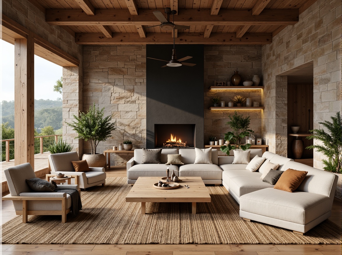 Prompt: Rustic living room, reclaimed wood accents, natural stone walls, earthy color palette, woven jute rugs, organic textiles, handmade ceramics, industrial metal lighting, exposed brick details, wooden beam ceilings, minimalist decor, warm cozy ambiance, soft diffused lighting, shallow depth of field, 1/1 composition, realistic textures, ambient occlusion.