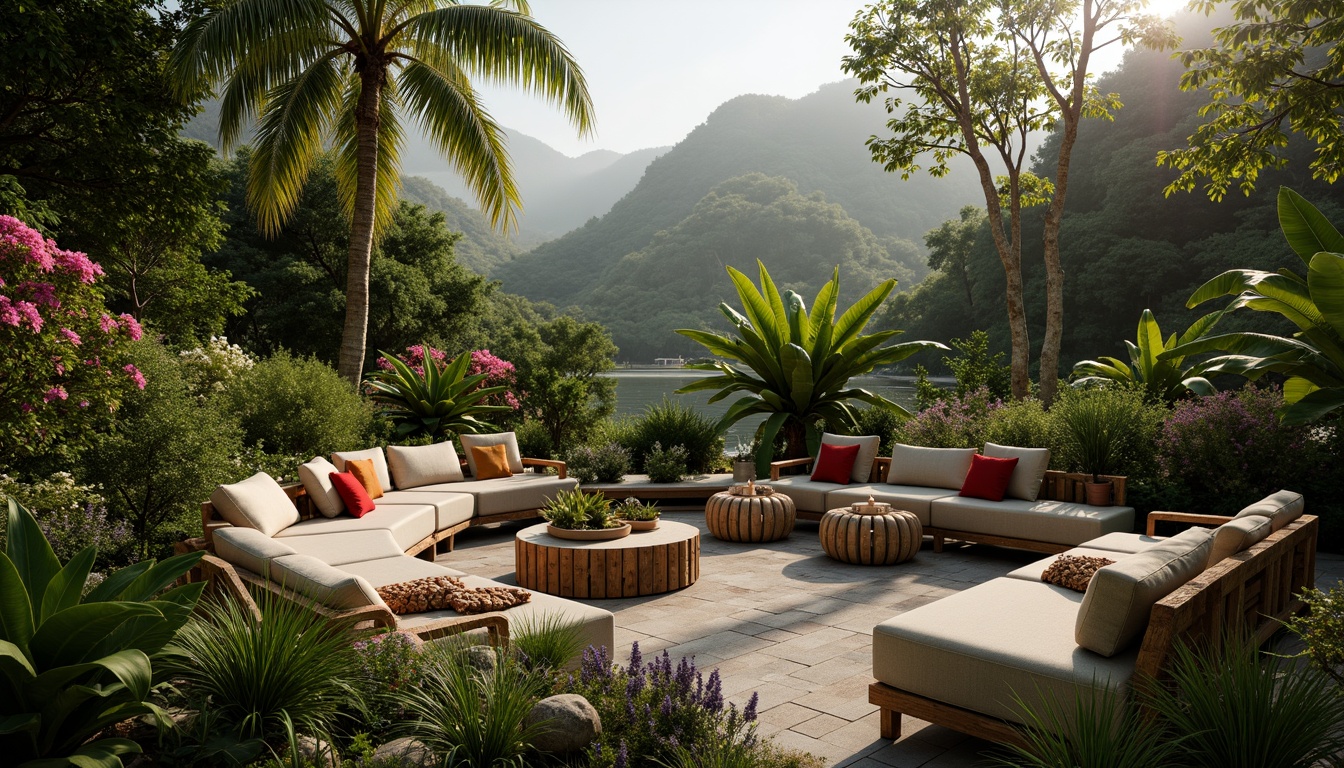 Prompt: Lush tropical vegetation, exotic flowers, natural stone seating, wooden accents, woven textiles, rattan furniture, vibrant color palette, organic shapes, undulating terrain, misty atmosphere, warm soft lighting, dramatic shadows, 1/1 composition, low-angle shot, realistic materials, ambient occlusion, atmospheric perspective.