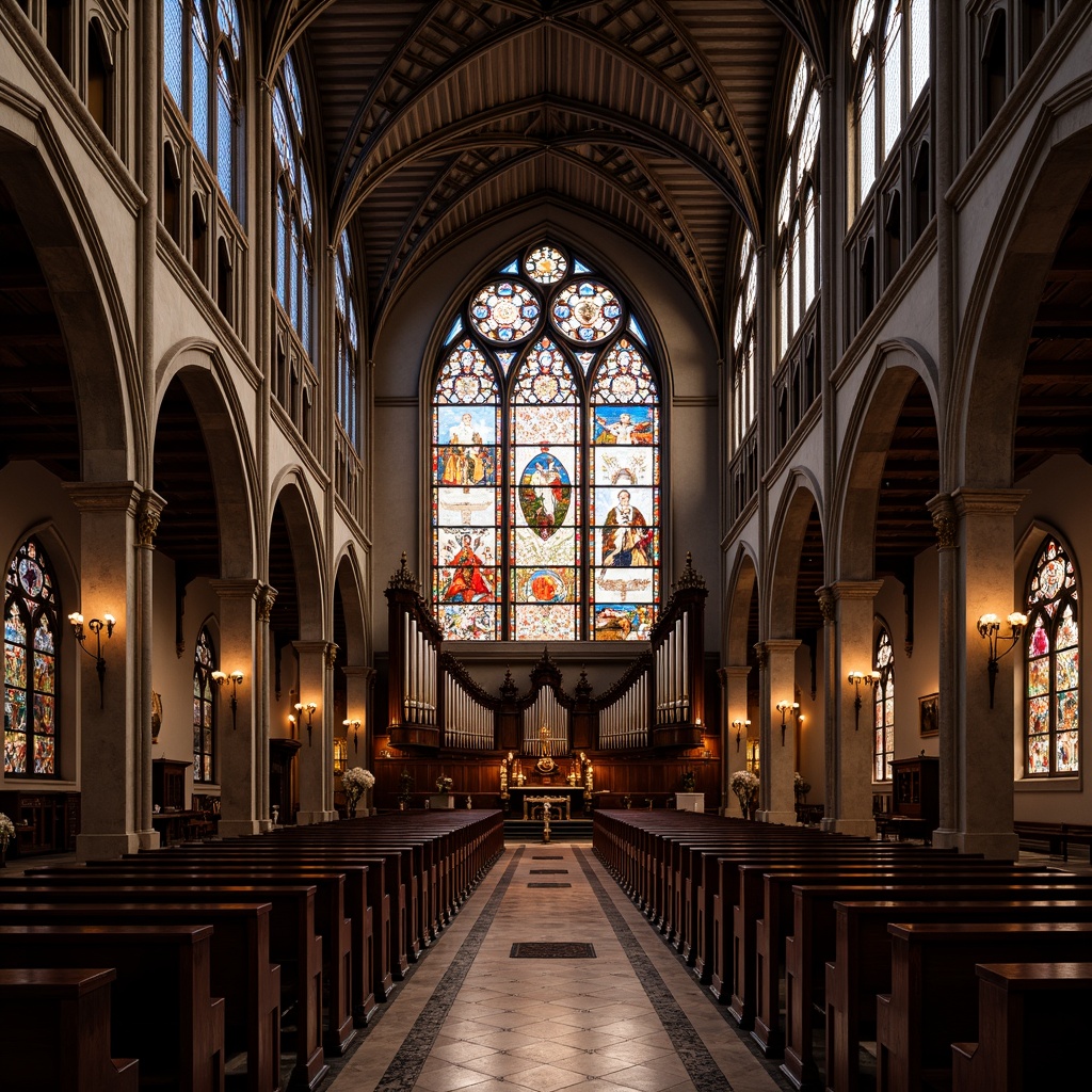 Prompt: Vibrant stained glass windows, intricate floral patterns, ornate metal frames, sacred religious symbols, majestic Gothic arches, ribbed vaulted ceilings, lavish ornamental details, rich jewel-toned colors, warm soft lighting, dramatic chiaroscuro, 1/2 composition, low-angle shot, ornate pews, polished wooden benches, marble floors, grandiose organ pipes, solemn atmosphere, mystical ambiance.