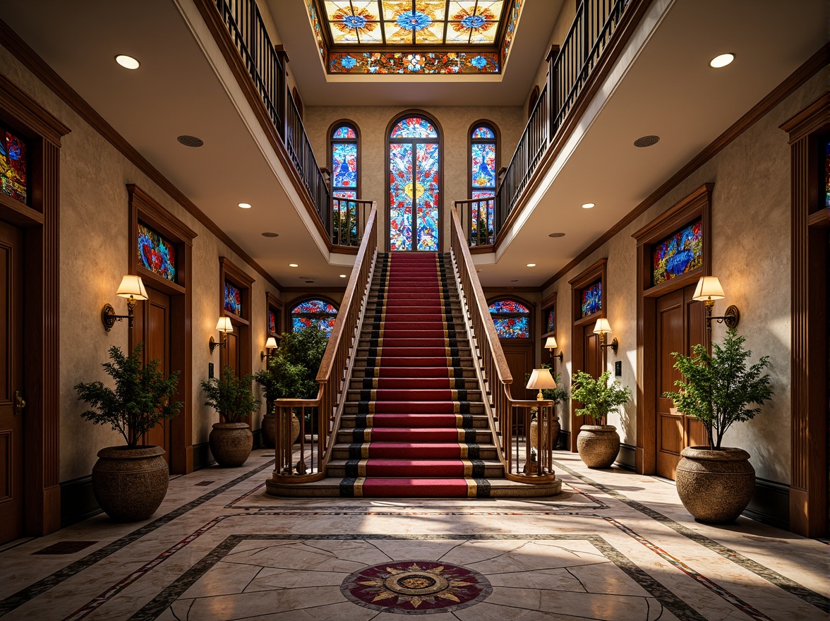 Prompt: Vibrant staircase, ornate railings, stained glass panels, kaleidoscope colors, geometric patterns, Art Nouveau influences, grand entrance hall, opulent chandeliers, marble floors, intricate mosaics, luxurious textiles, warm ambient lighting, shallow depth of field, 1/2 composition, realistic reflections, ambient occlusion.