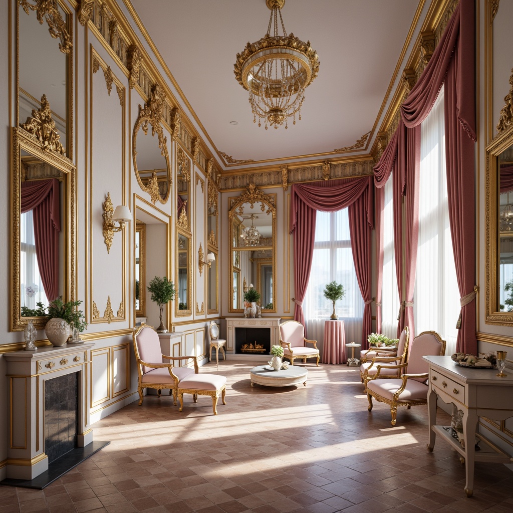 Prompt: Opulent Rococo palace, lavish furnishings, ornate mirrors, gilded frames, velvet drapes, intricate carvings, soft pastel hues, creamy whites, rich gold accents, powdery pinks, lavender undertones, delicate florals, ornamental patterns, crystal chandeliers, luxurious textiles, subtle sheen, warm ambient lighting, shallow depth of field, 1/1 composition, romantic atmosphere, whimsical details, realistic reflections.