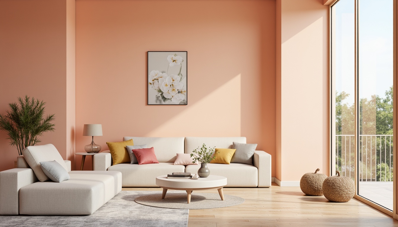 Prompt: Vibrant pastel colors, soft peach tones, creamy whites, light gray accents, natural wood textures, earthy terracotta hues, calming blue undertones, warm golden lighting, shallow depth of field, 1/1 composition, realistic rendering, ambient occlusion, subtle gradient effects.