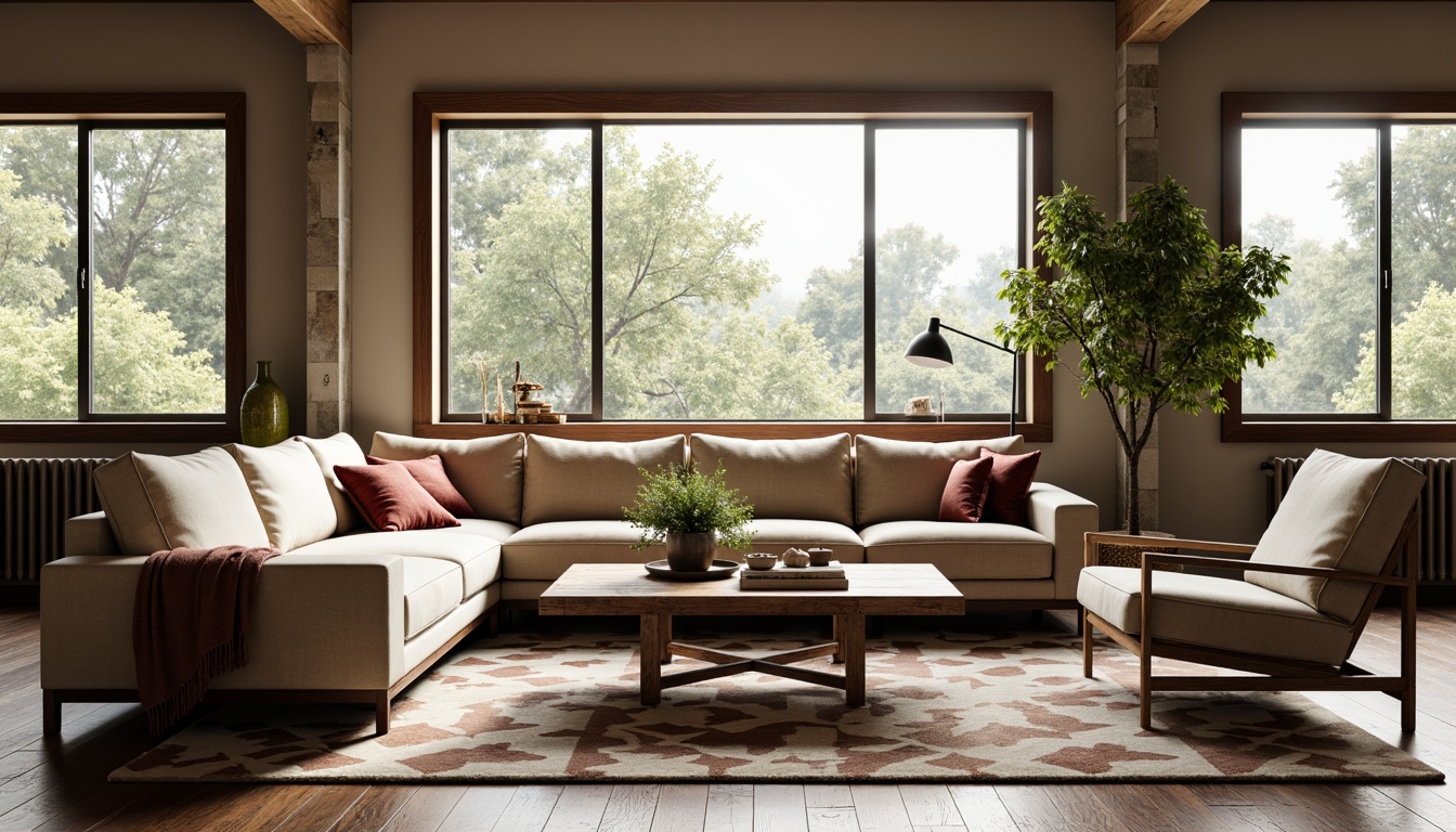 Prompt: Mid-century modern living room, comfortable sectional sofa, reclaimed wood coffee table, industrial metal legs, plush velvet armchairs, geometric patterned rug, minimalist floor lamp, natural stone walls, large windows, soft warm lighting, 1/2 composition, shallow depth of field, realistic textures, ambient occlusion.