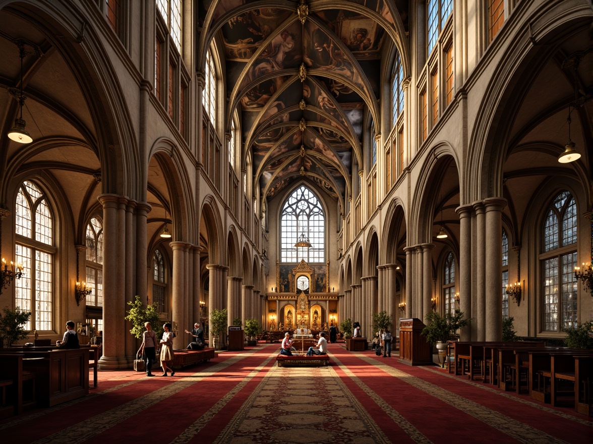 Prompt: Grandiose cathedral interior, soaring Gothic arches, vaulted ceilings, ribbed columns, ornate stone carvings, stunning stained glass windows, intricate frescoes, lavish furnishings, opulent chandeliers, rich velvet drapes, mystical ambiance, warm golden lighting, dramatic shadows, 1/1 composition, atmospheric perspective, realistic textures, subtle grain effect.