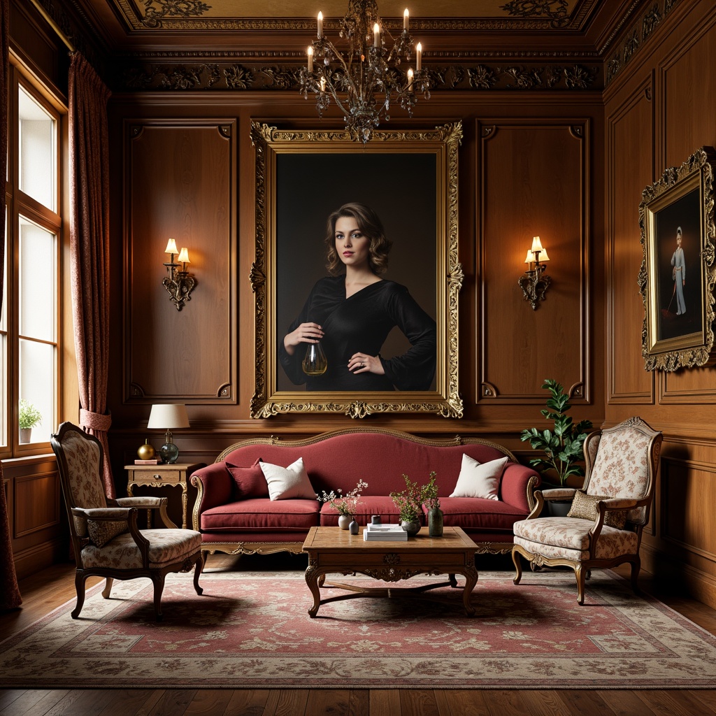 Prompt: Luxurious velvet fabrics, ornate golden frames, rich wood tones, intricate carvings, neoclassical furniture, opulent drapery, lavish upholstery, subtle satin sheens, distressed leather accents, ornamental tassels, classic symmetrical patterns, subtle florals, muted earthy hues, soft warm lighting, 1/1 composition, realistic textures, ambient occlusion.