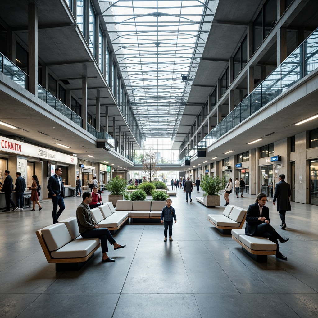 Prompt: Modern train station, minimalist architecture, sleek lines, industrial materials, polished concrete floors, steel beams, glass roofs, natural light, airy atmosphere, innovative seating areas, futuristic benches, ergonomic design, soft cushioning, metal frames, wooden accents, urban feel, busy commuters, blurred motion, shallow depth of field, 1/1 composition, realistic textures, ambient occlusion.