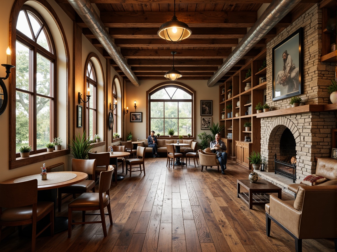 Prompt: Rustic wooden accents, earthy color palette, warm beige walls, rich brown floors, vintage metal equipment, distressed leather upholstery, natural stone features, reclaimed wood beams, industrial-style lighting fixtures, large windows with transom glass, soft warm glow, cozy atmosphere, 1/1 composition, realistic textures, ambient occlusion.