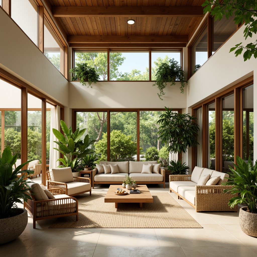 Prompt: Tropical living room, high ceilings, large windows, sliding glass doors, natural ventilation, wooden accents, rattan furniture, vibrant greenery, exotic plants, warm beige walls, creamy white floors, soft diffused lighting, 1/1 composition, shallow depth of field, realistic textures, ambient occlusion.