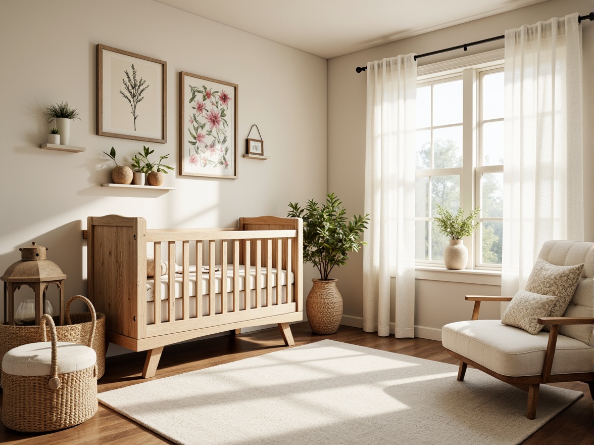 Prompt: Whimsical baby room, farmhouse style, soft pastel colors, gentle florals, vintage wooden cribs, distressed finishes, plush area rugs, natural woven baskets, rustic metal lanterns, warm beige walls, creamy whites, subtle lace trim, delicate embroidery, cotton fabrics, linen textures, cozy throw blankets, warm lighting, shallow depth of field, 1/1 composition, intimate atmosphere.