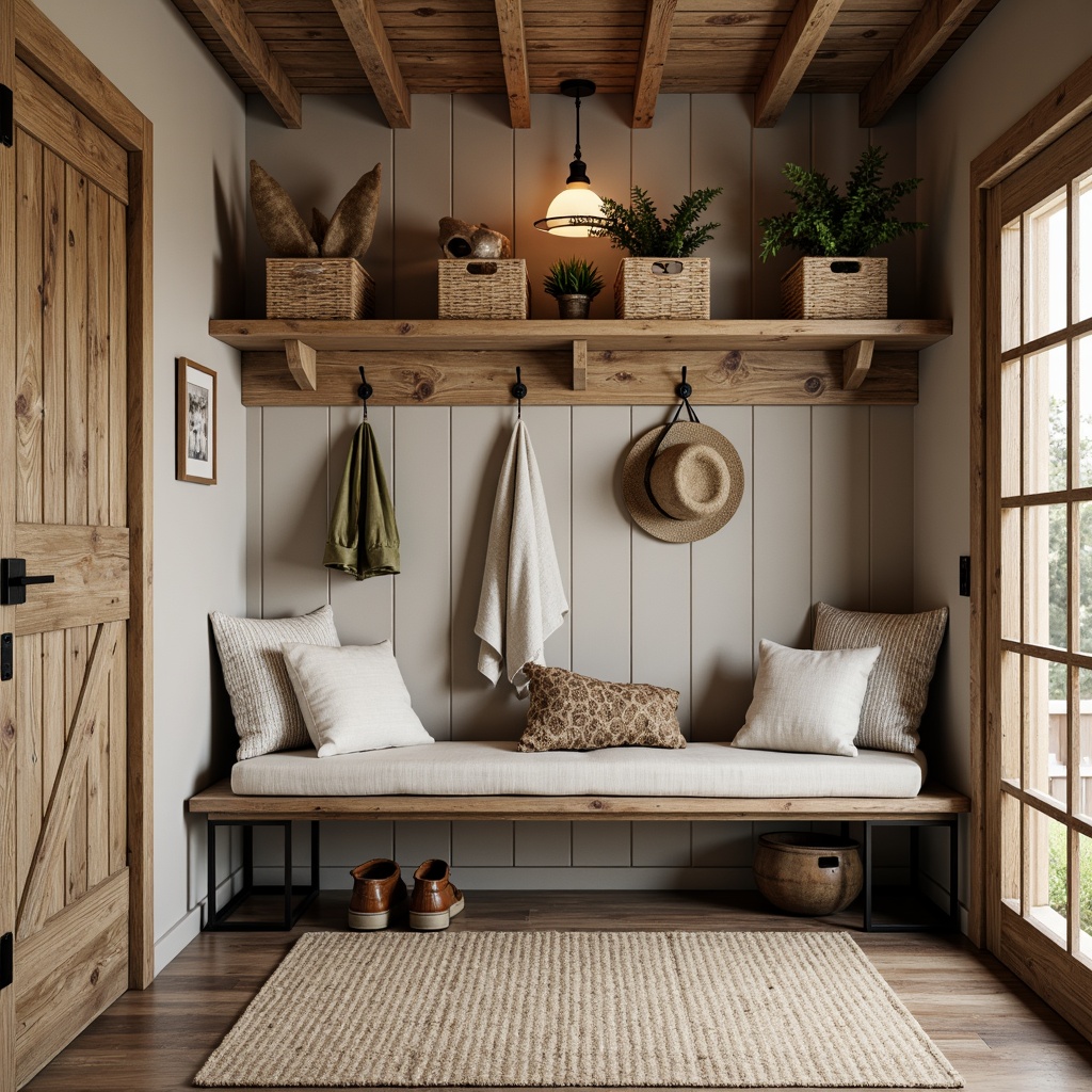 Prompt: Rustic mudroom, vintage farmhouse decor, stylish bench seating, reclaimed wood accents, metal leg frames, plush cushions, natural fabrics, woven baskets, earthy color palette, wooden wall panels, shiplap ceiling, pendant lighting, sliding barn doors, distressed finishes, cozy atmosphere, warm softbox lighting, shallow depth of field, 1/2 composition, realistic textures.