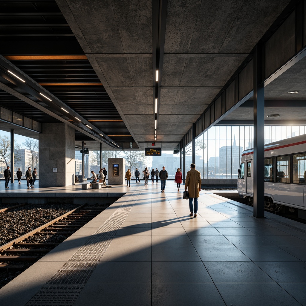 Prompt: Sleek train station, minimalist architecture, clean lines, industrial materials, steel beams, concrete floors, sparse decoration, modern LED lighting, soft ambient glow, subtle color temperatures, gentle illumination, floor-to-ceiling windows, natural light pouring in, urban cityscape views, bustling pedestrian traffic, evening rush hour atmosphere, warm white tones, subtle shadows, 1/2 composition, shallow depth of field, realistic reflections.