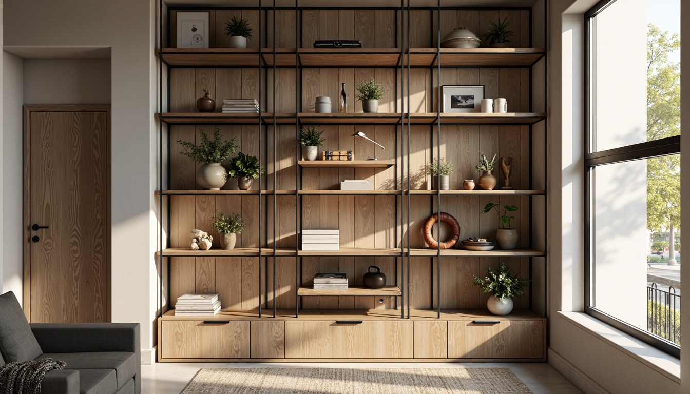 Prompt: Industrial-chic shelving unit, reclaimed wood planks, metal frame structure, minimalist design, open storage concept, functional display space, stylish decorative accents, modern apartment living room, urban loft atmosphere, natural light pouring in, warm beige color palette, distressed wood textures, subtle industrial details, 3/4 composition, shallow depth of field, realistic render.