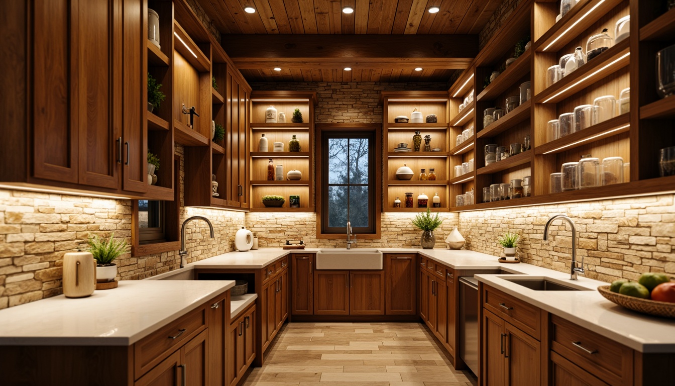 Prompt: Cozy pantry, warm wood tones, soft golden lighting, rustic metal fixtures, earthy stone walls, natural textures, ambient shadowing, warm color palette, inviting atmosphere, recessed ceiling lights, under-cabinet LED strips, pendant lamps, glass jar displays, decorative shelving, modern farmhouse style, warm beige countertops, rich brown cabinets, subtle cream accents, soft focus, shallow depth of field, 1/1 composition.