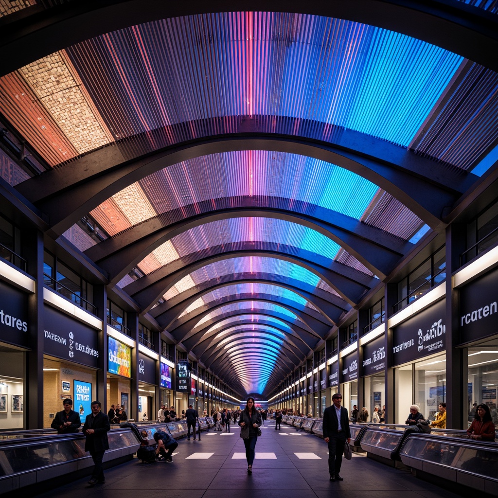 Prompt: Vibrant metro station, sleek modern architecture, LED light installations, futuristic ambiance, dynamic color-changing lights, neon-lit advertisements, glass ceilings, polished steel beams, minimalist design, efficient energy systems, solar-powered lighting, motion-sensing escalators, panoramic views, realistic reflections, ambient occlusion, shallow depth of field, 3/4 composition, urban cityscape, busy pedestrian traffic, rush hour atmosphere, soft warm glow, dramatic shadows.