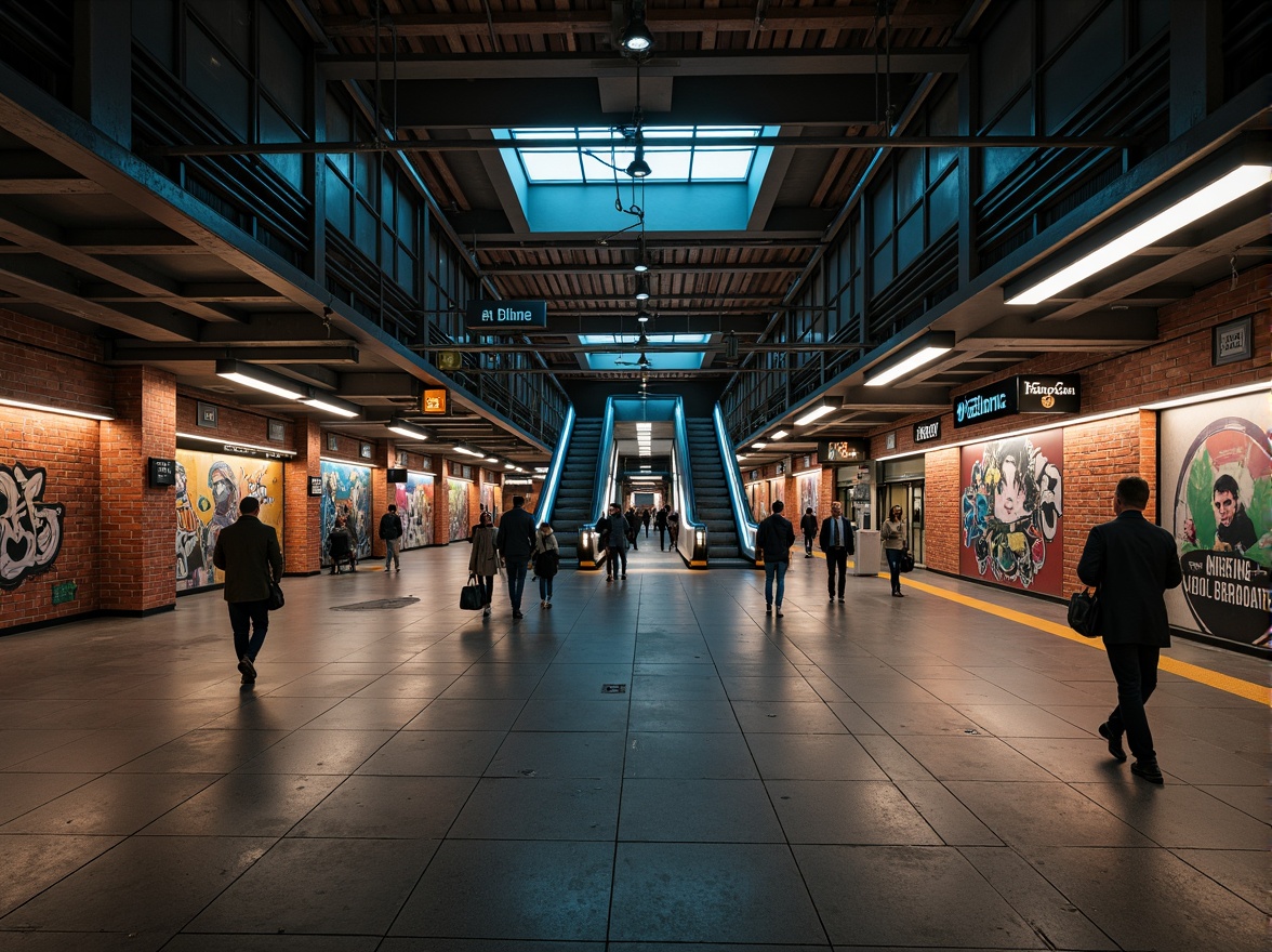 Prompt: Urban metro station, industrial-chic architecture, exposed brick walls, metal beams, concrete floors, modern LED lighting, futuristic signage, urban graffiti, dynamic escalators, sleek trains, vibrant city life, bustling crowds, morning rush hour, soft warm glow, shallow depth of field, 3/4 composition, realistic textures, ambient occlusion.